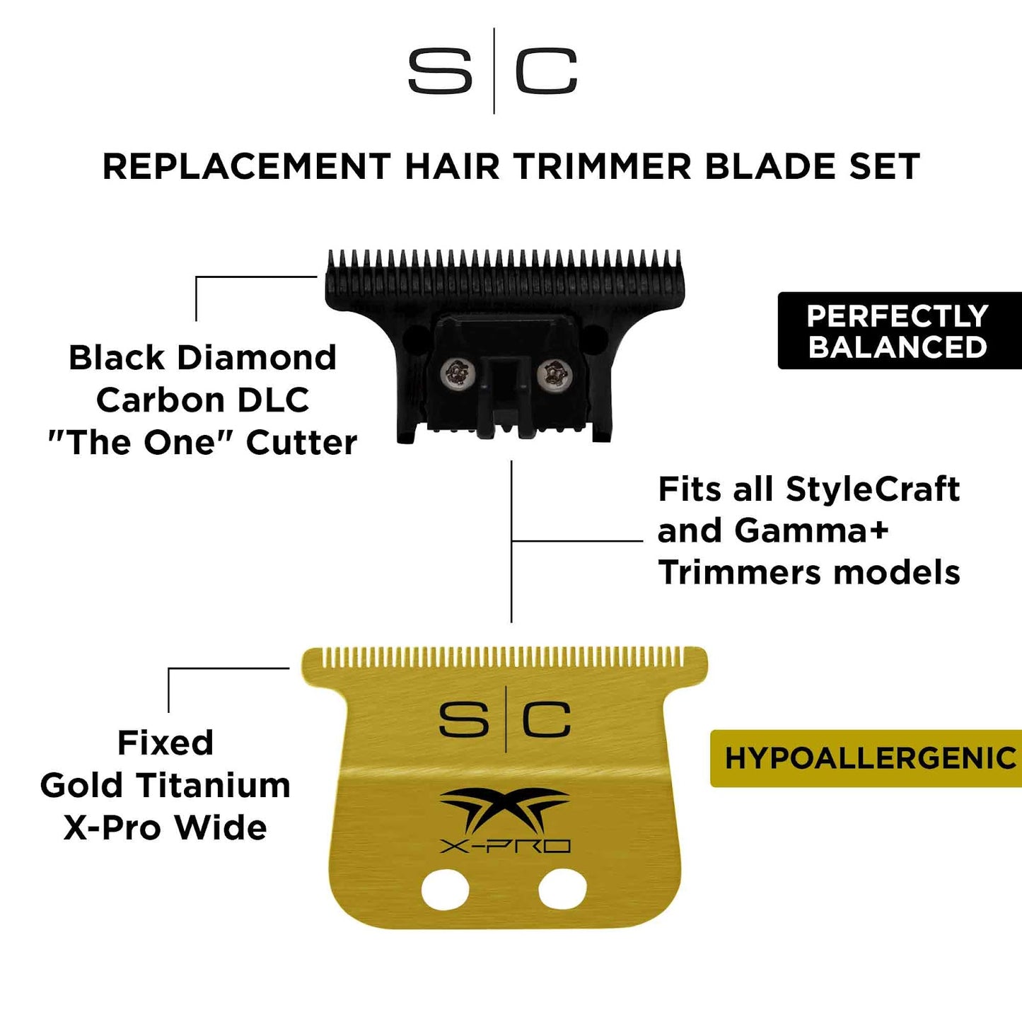 StyleCraft Replacement Gold Titanium X-Pro Wide Trimmer Blade With Black Diamond Carbon DLC "The One" Cutter Set